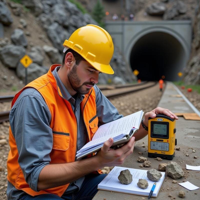 Hình ảnh mô tả các lớp đất và kỹ sư đang phân tích mẫu địa chất cho nền móng công trình xây dựng